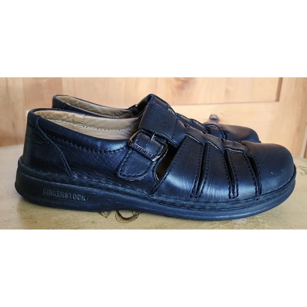 Birkenstock Madeira Sz M 8 W 10 Black Leather Fisherman Clogs Sandals Comfort